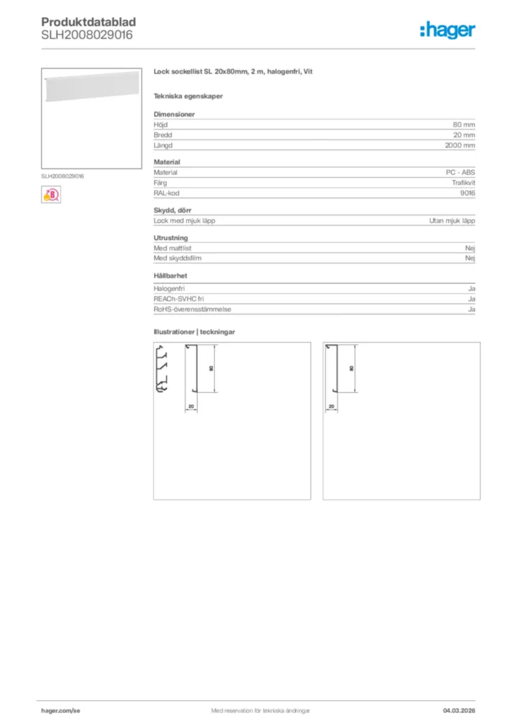 Bild Hager Produktdatablad SLH2008029016 | Hager Sverige