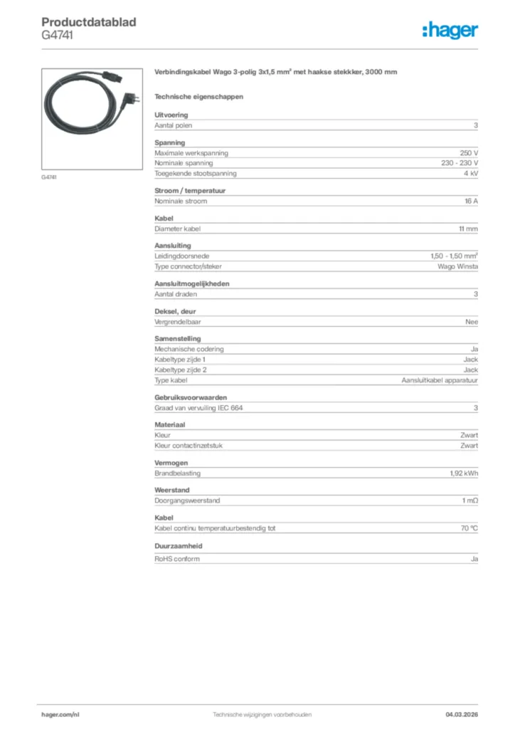 Afbeelding Hager Productdatablad G4741 | Hager Nederland