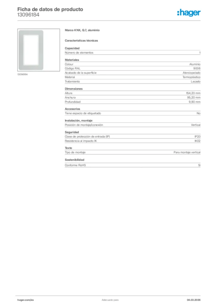 Imagen Hager Ficha de datos de producto 13096184 | Hager España