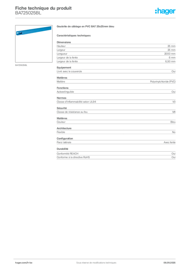 Image Hager Fiche technique du produit BA725025BL | Hager Belgique