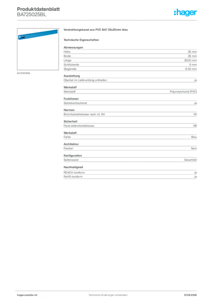Bild Hager Produktdatenblatt BA725025BL | Hager Schweiz