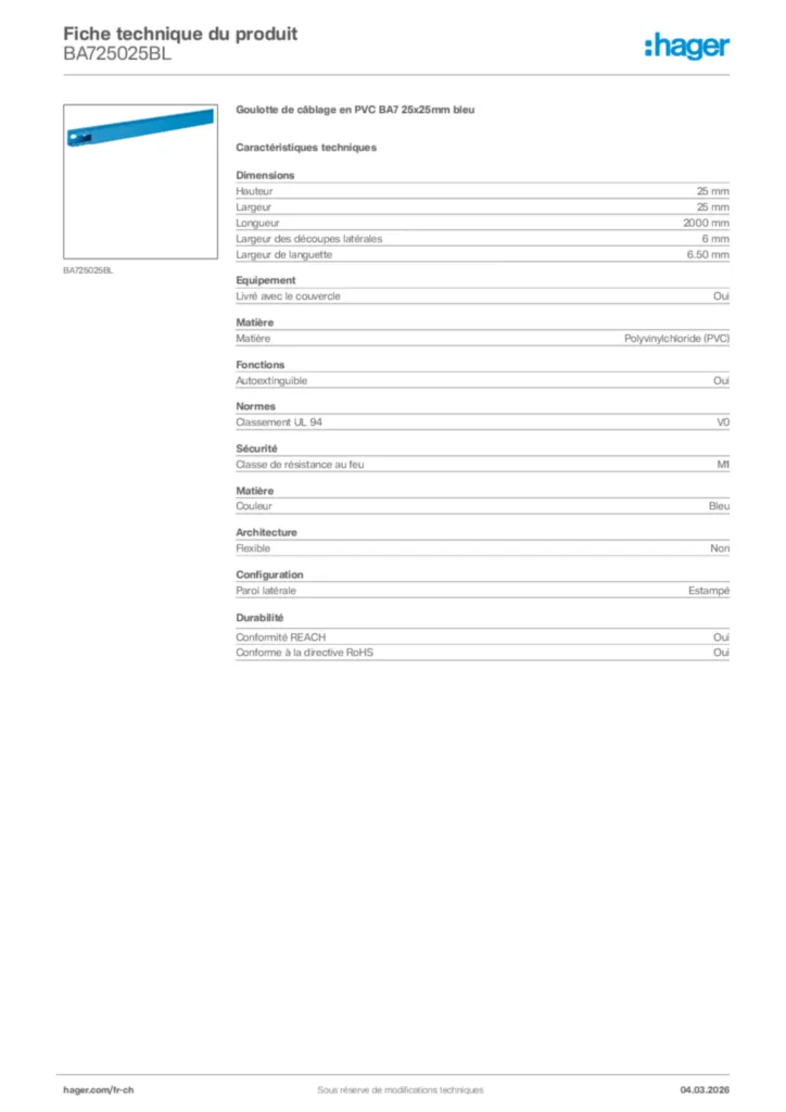 Image Hager Fiche technique du produit BA725025BL | Hager Suisse