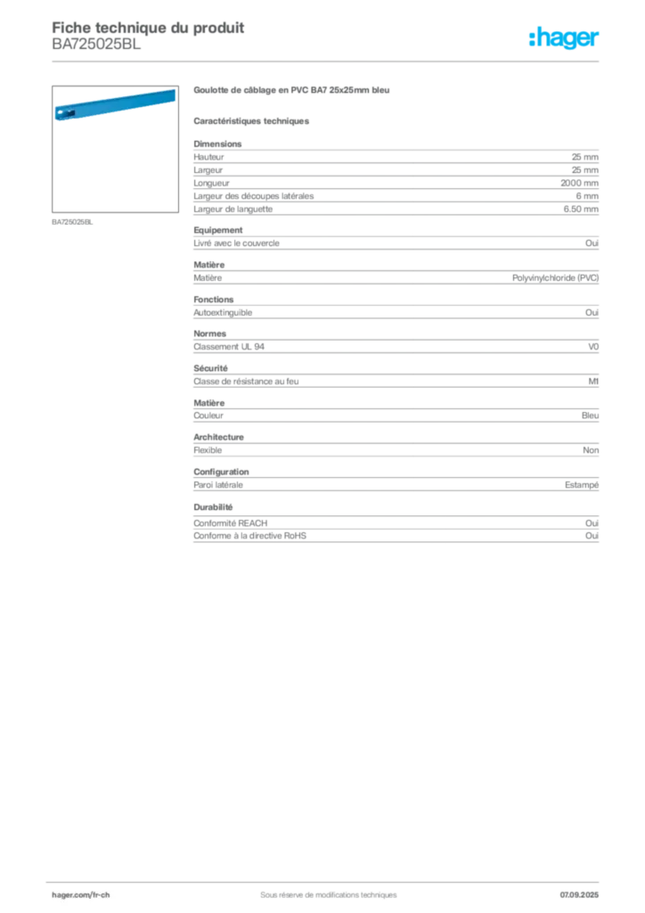 Image Hager Fiche technique du produit BA725025BL | Hager Suisse