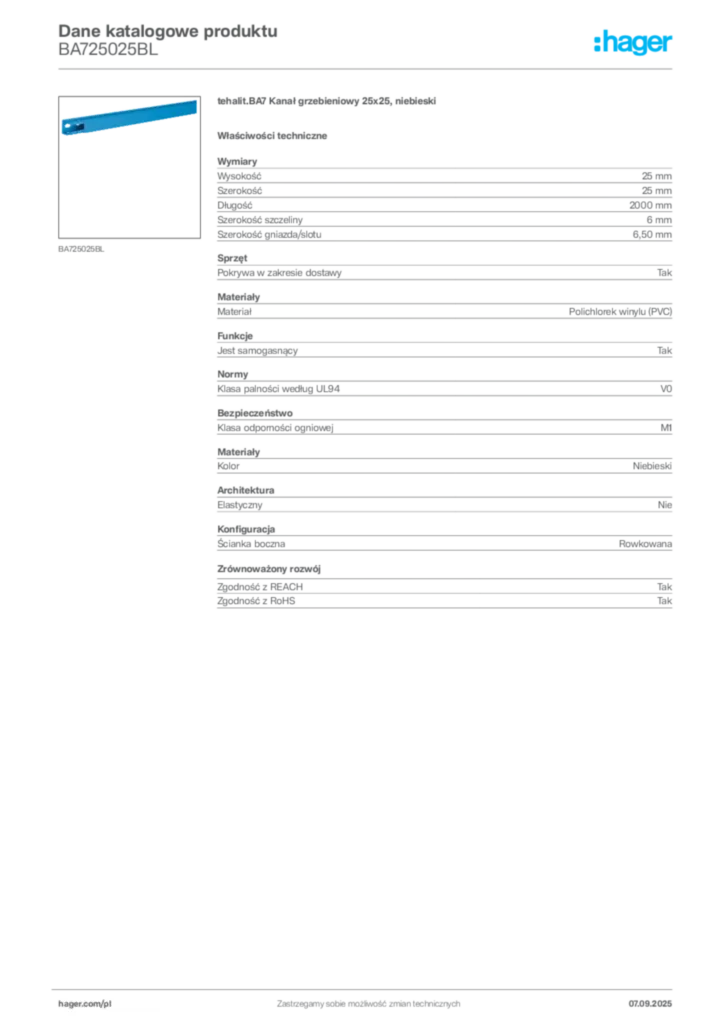 Zdjęcie Hager Dane katalogowe produktu BA725025BL | Hager Polska