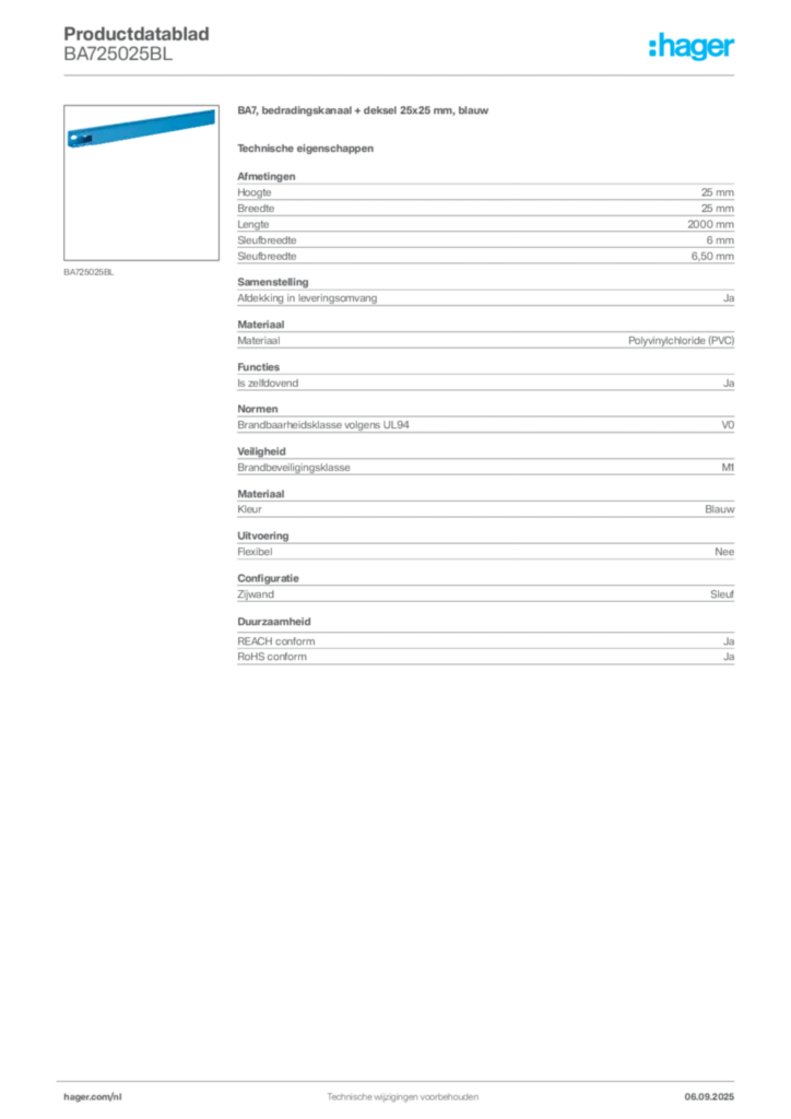 Afbeelding Hager Productdatablad BA725025BL | Hager Nederland