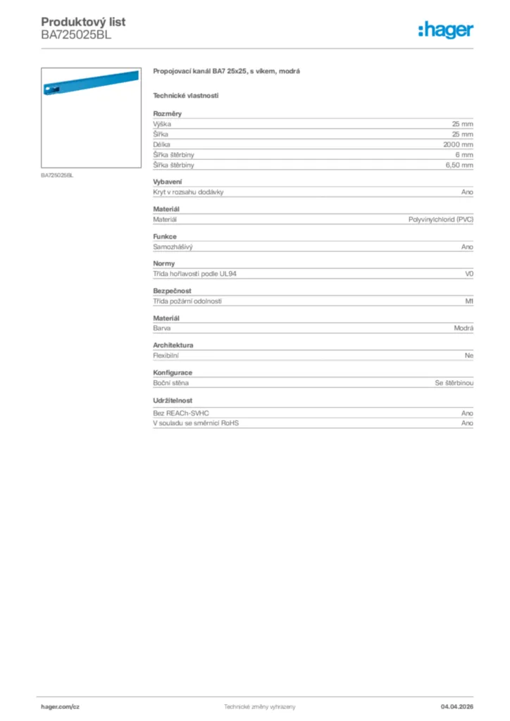 Obrázek Hager Product data sheet BA725025BL | Hager