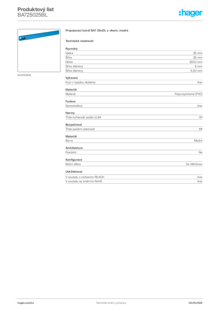 Obrázek Hager Produktový list BA725025BL | Hager