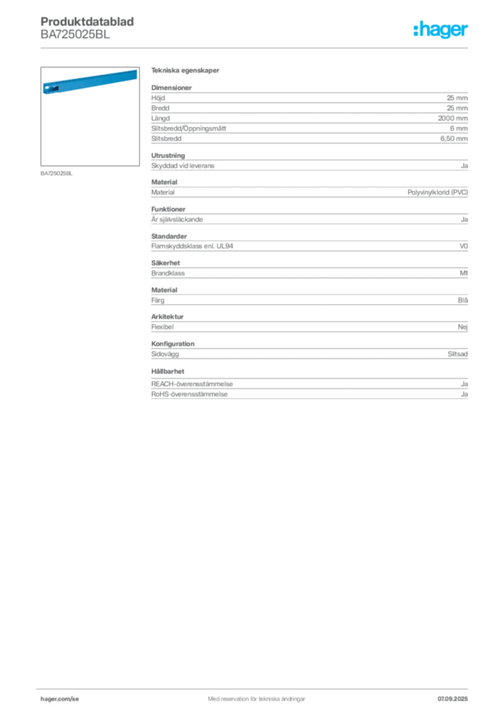 Bild Hager Produktdatablad BA725025BL | Hager Sverige