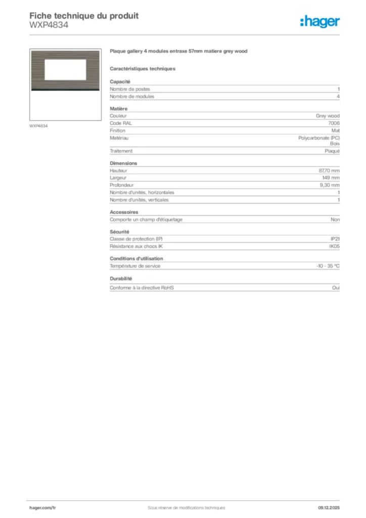 Image Hager Fiche technique du produit WXP4834 | Hager France