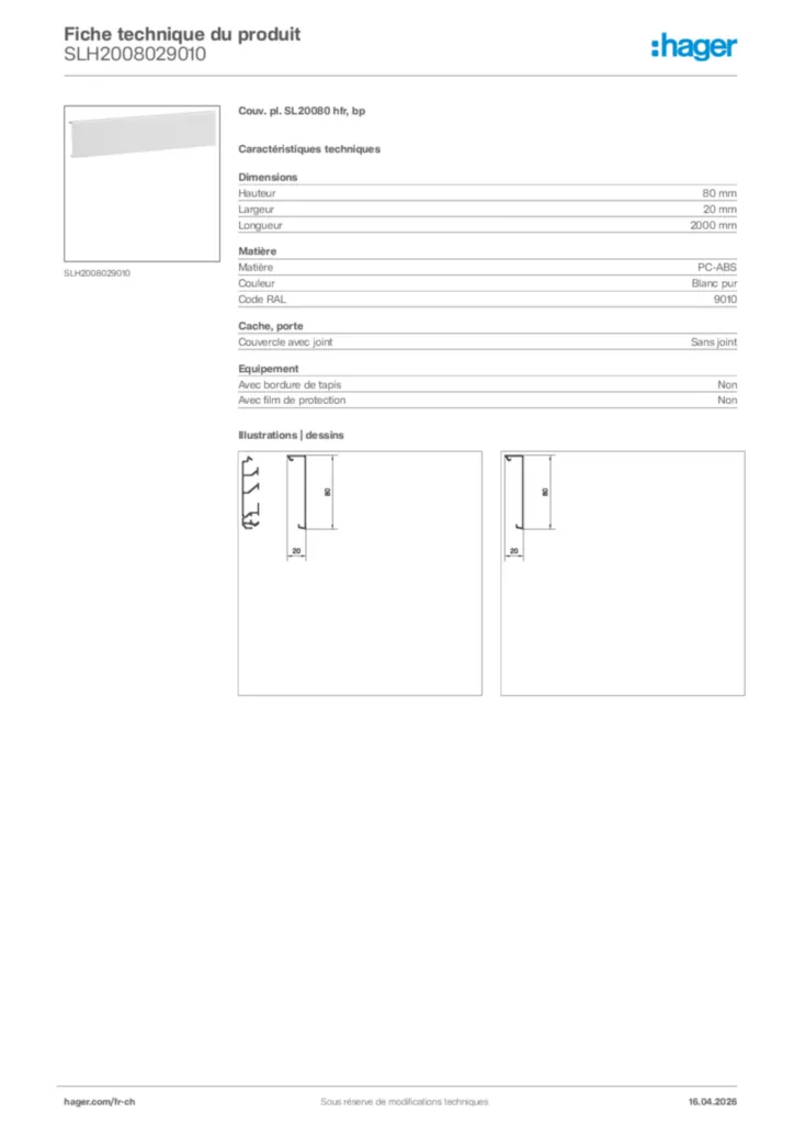 Image Hager Fiche technique du produit SLH2008029010 | Hager Suisse