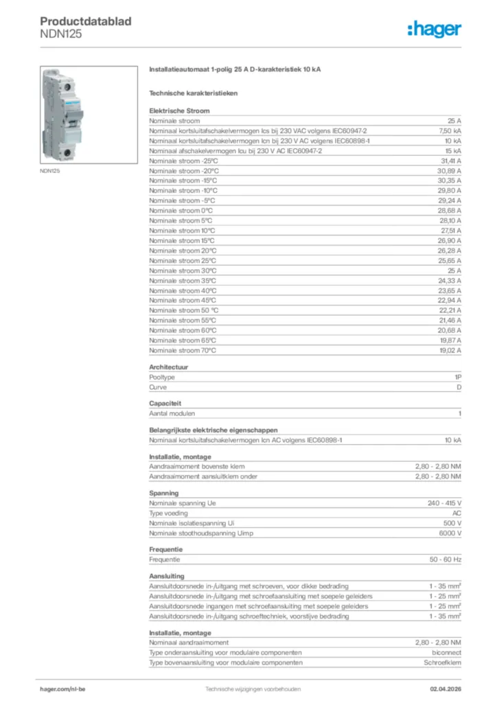 Afbeelding Hager Productdatablad NDN125 | Hager Belgium