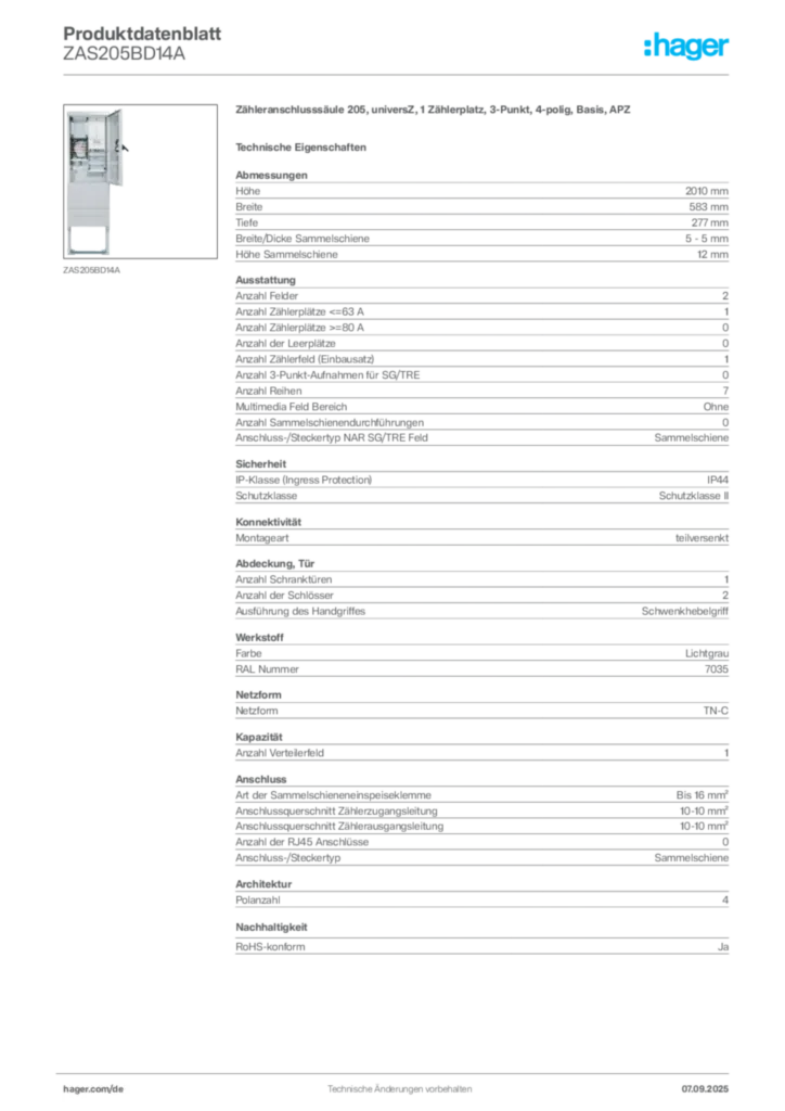 Bild Hager Produktdatenblatt ZAS205BD14A | Hager Deutschland