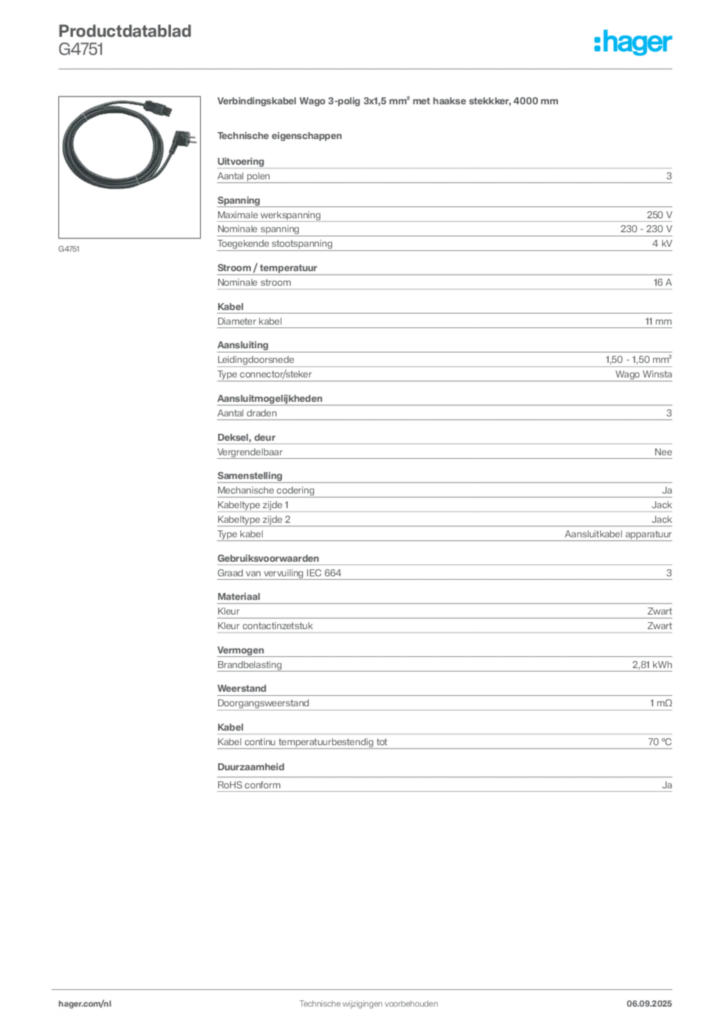 Afbeelding Hager Productdatablad G4751 | Hager Nederland
