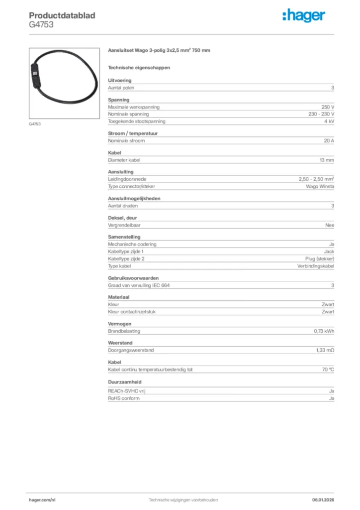 Afbeelding Hager Productdatablad G4753 | Hager Nederland