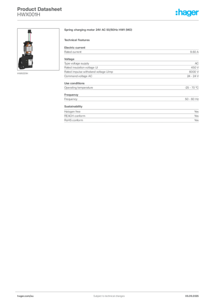 Image Hager Product data sheet HWX001H  | Hager Australia