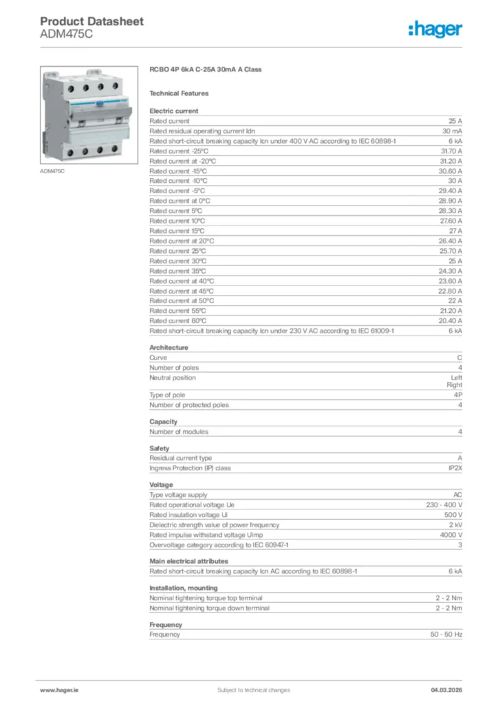Image Hager Product data sheet ADM475C  | Hager