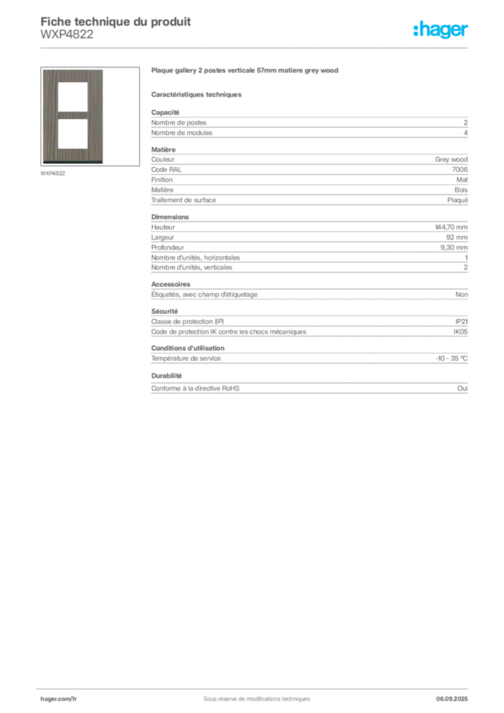 Image Hager Fiche technique du produit WXP4822 | Hager France