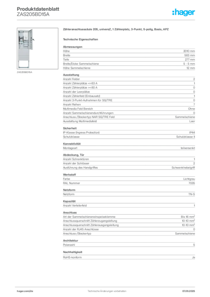 Bild Hager Produktdatenblatt ZAS205BD15A | Hager Deutschland
