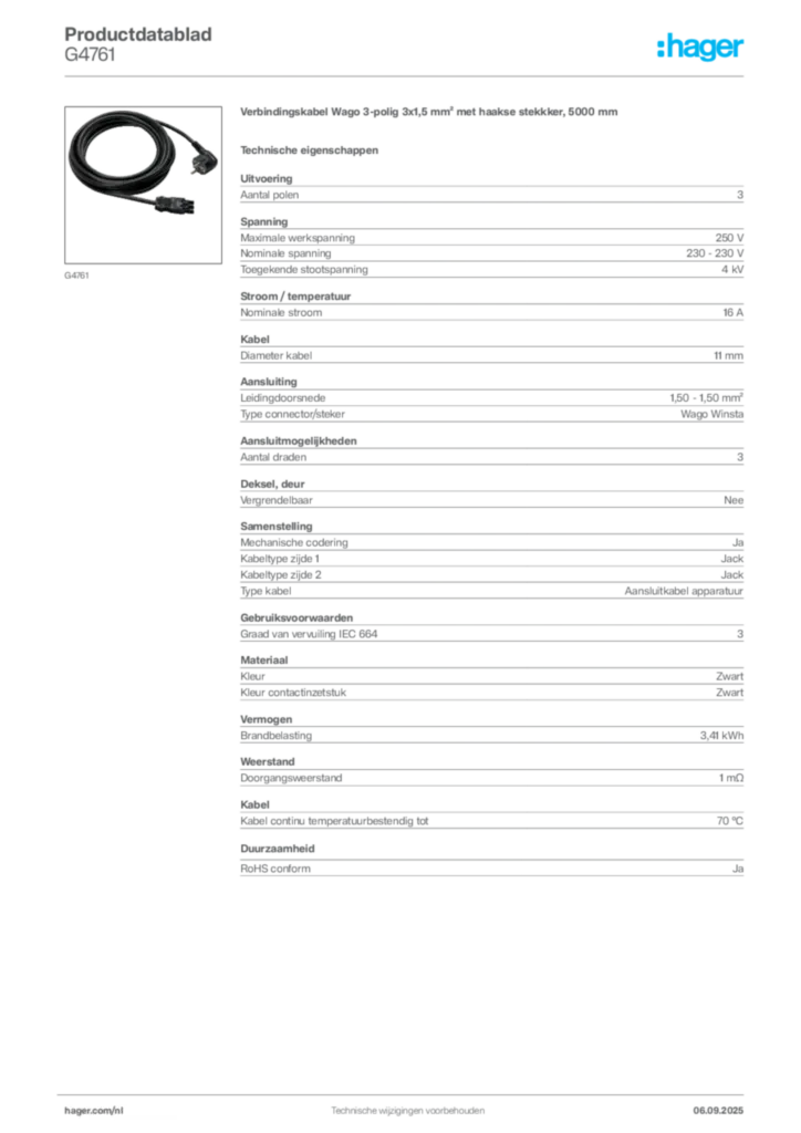 Afbeelding Hager Productdatablad G4761 | Hager Nederland