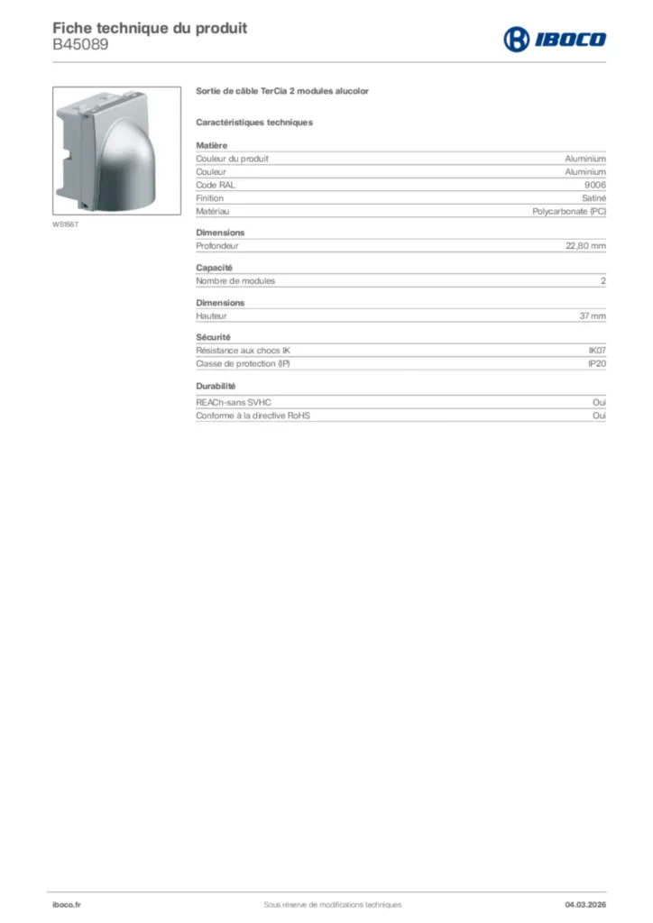 Image Iboco Fiche technique du produit B45089 | Hager France