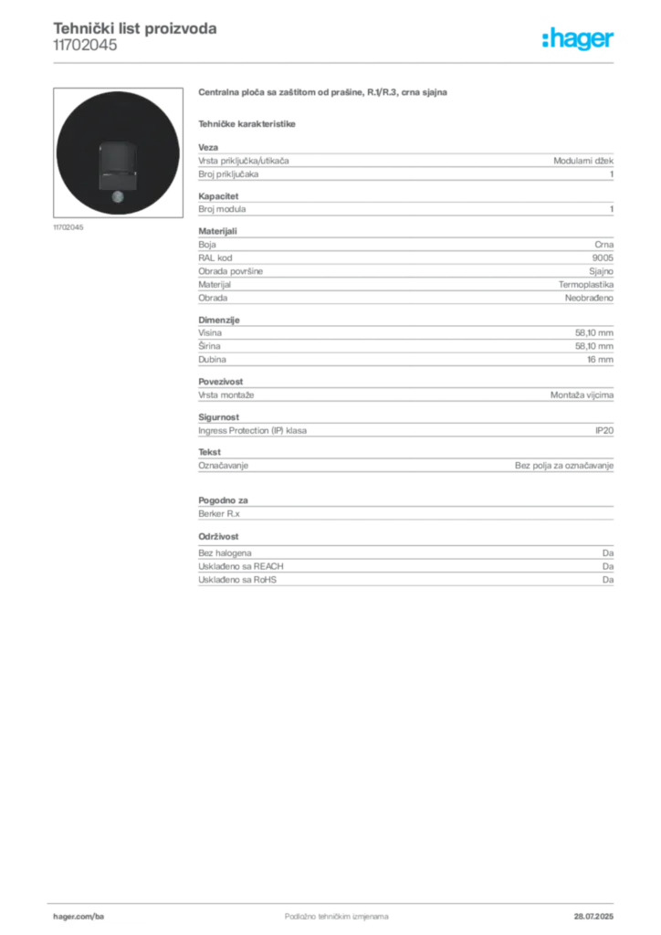 Slika Hager Product data sheet 11702045  | Hager