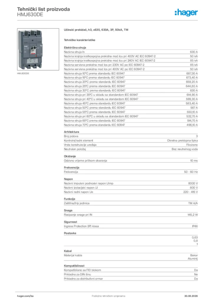 Slika Hager Tehnički list proizvoda HMJ630DE  | Hager