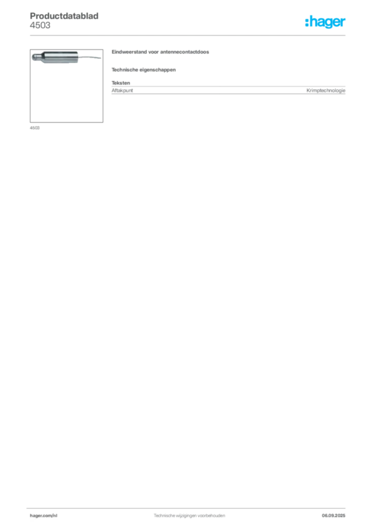 Afbeelding Hager Productdatablad 4503 | Hager Nederland