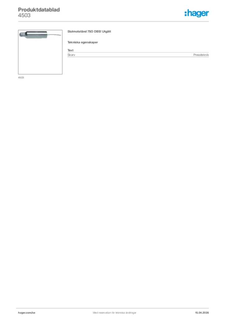 Bild Hager Produktdatablad 4503 | Hager Sverige