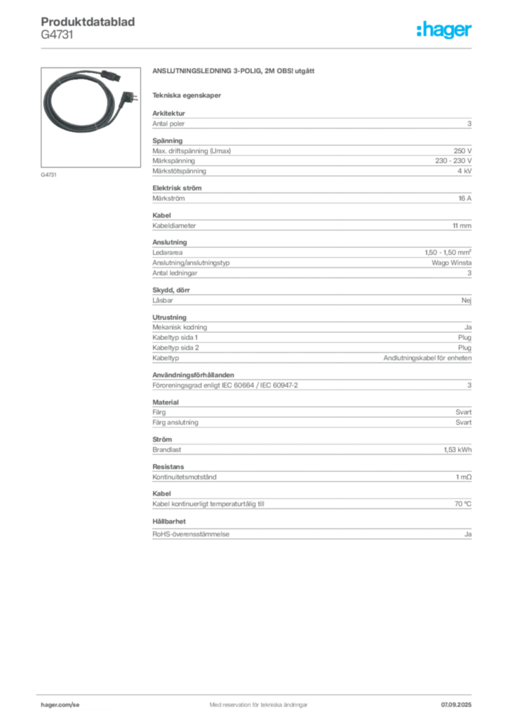 Bild Hager Produktdatablad G4731 | Hager Sverige