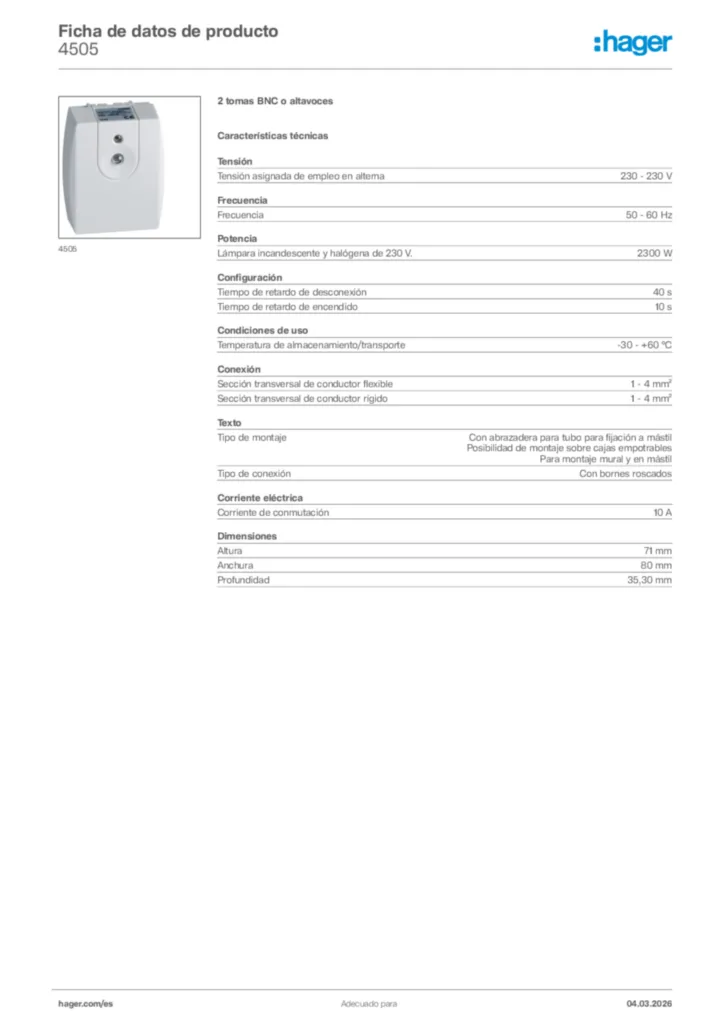 Imagen Hager Ficha de datos de producto 4505 | Hager España