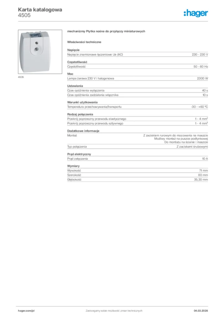 Zdjęcie Hager Karta katalogowa 4505 | Hager Polska