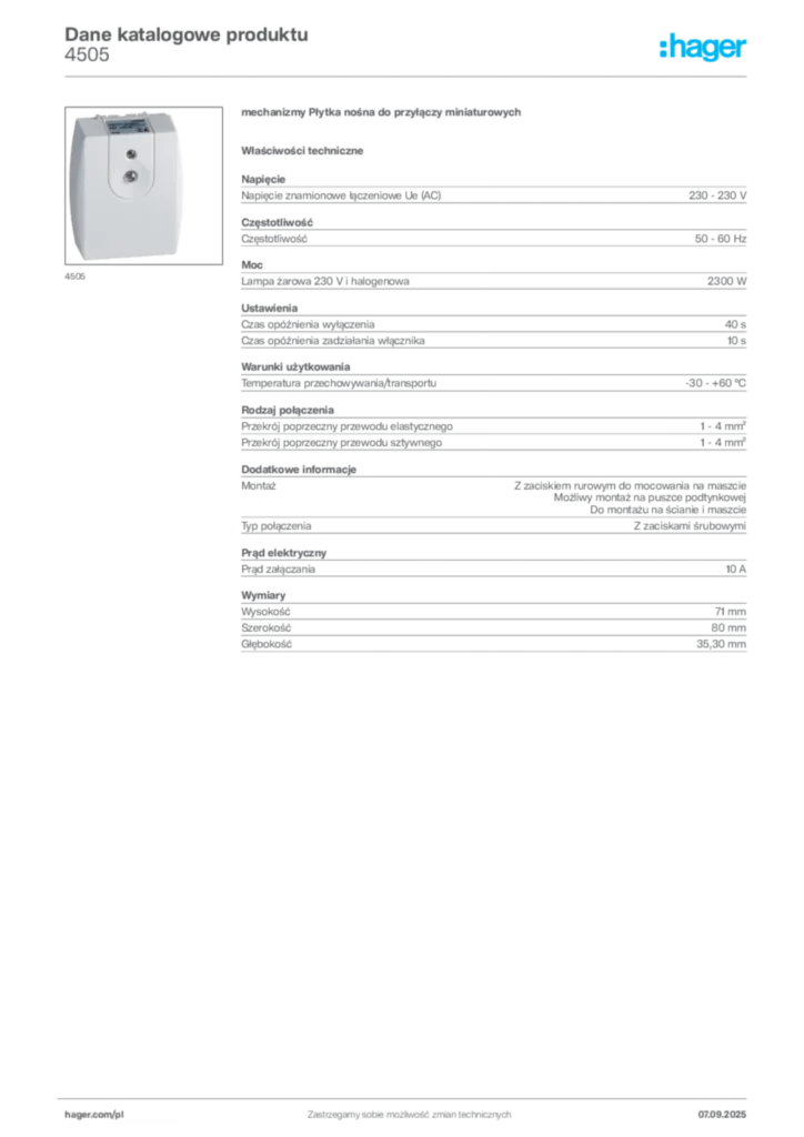 Zdjęcie Hager Dane katalogowe produktu 4505 | Hager Polska