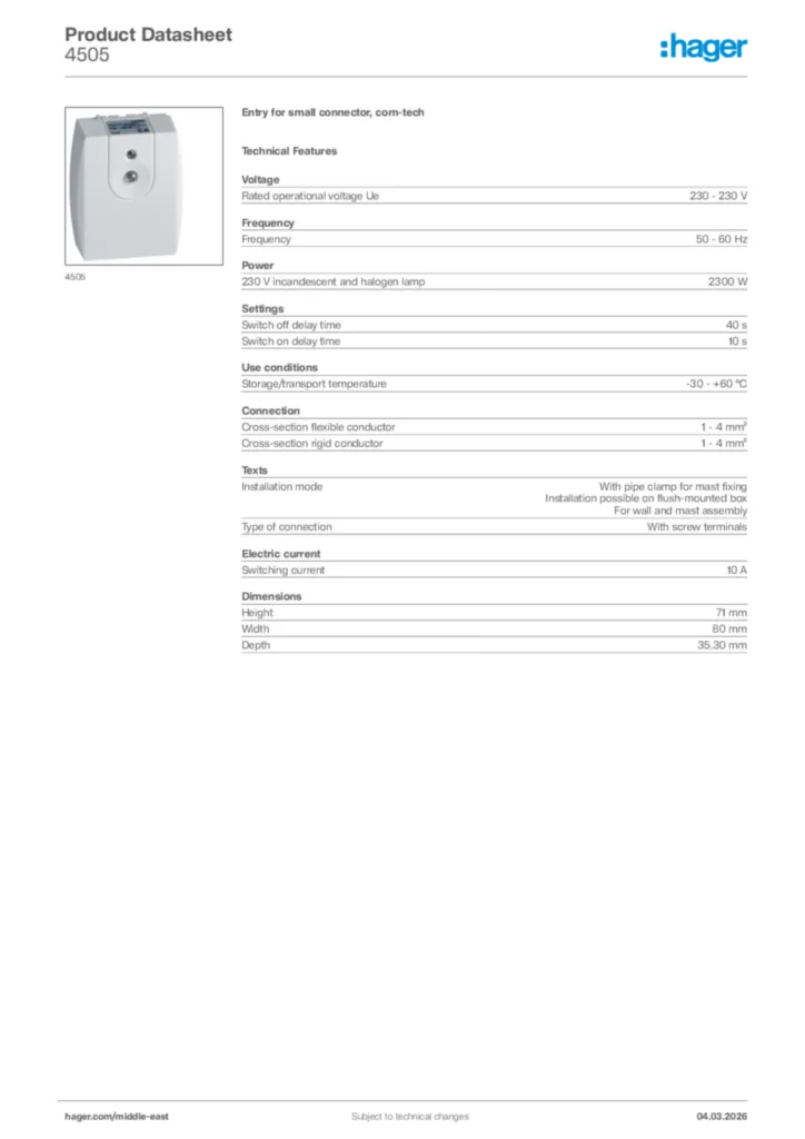 Image Hager Product data sheet 4505  | Hager