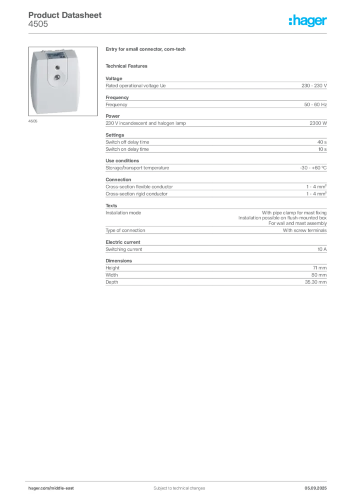 Image Hager Product data sheet 4505  | Hager