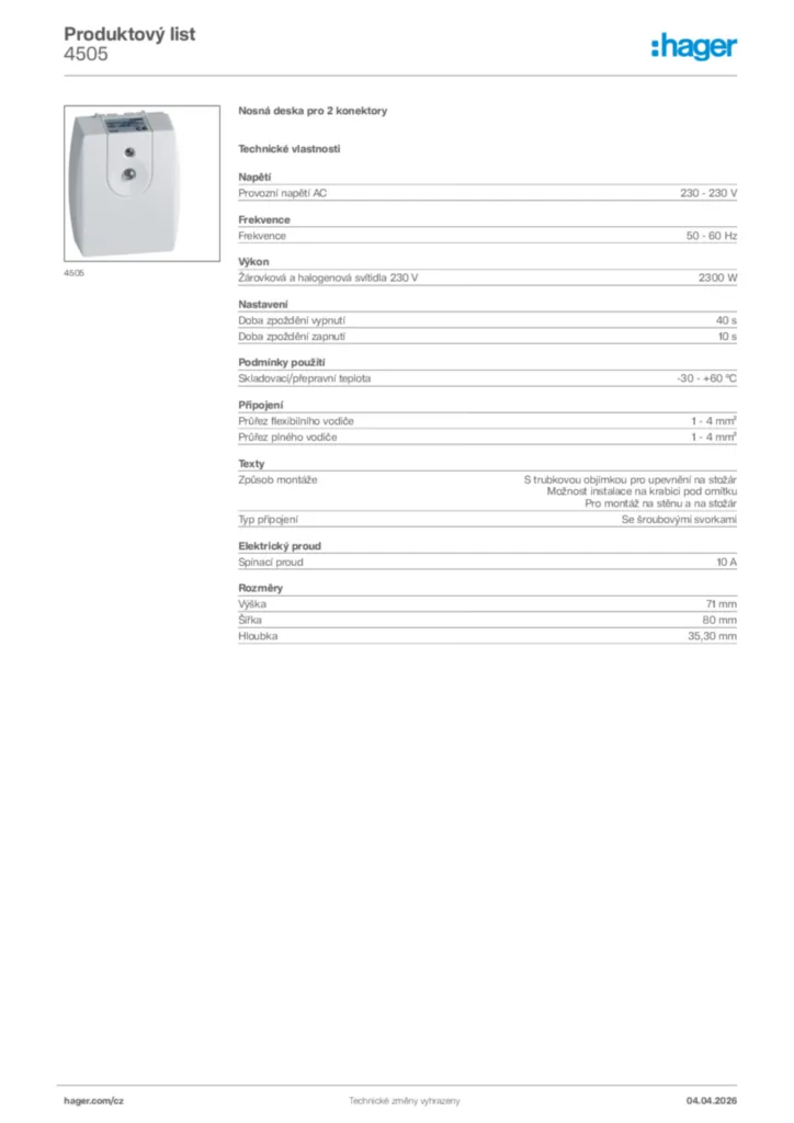 Obrázek Hager Product data sheet 4505 | Hager