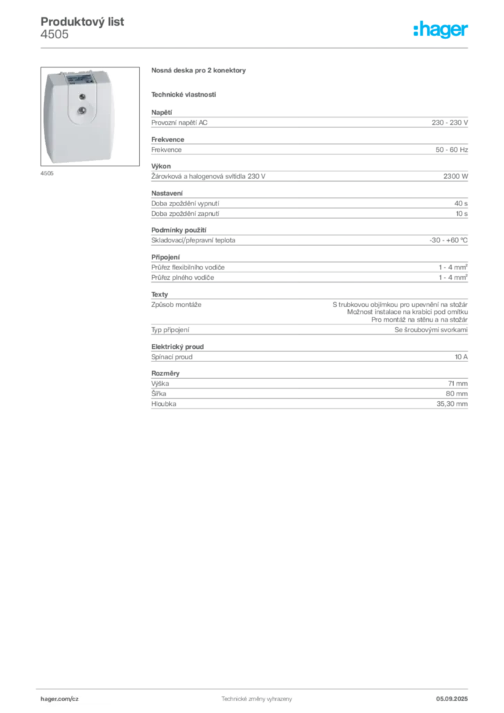 Obrázek Hager Produktový list 4505 | Hager