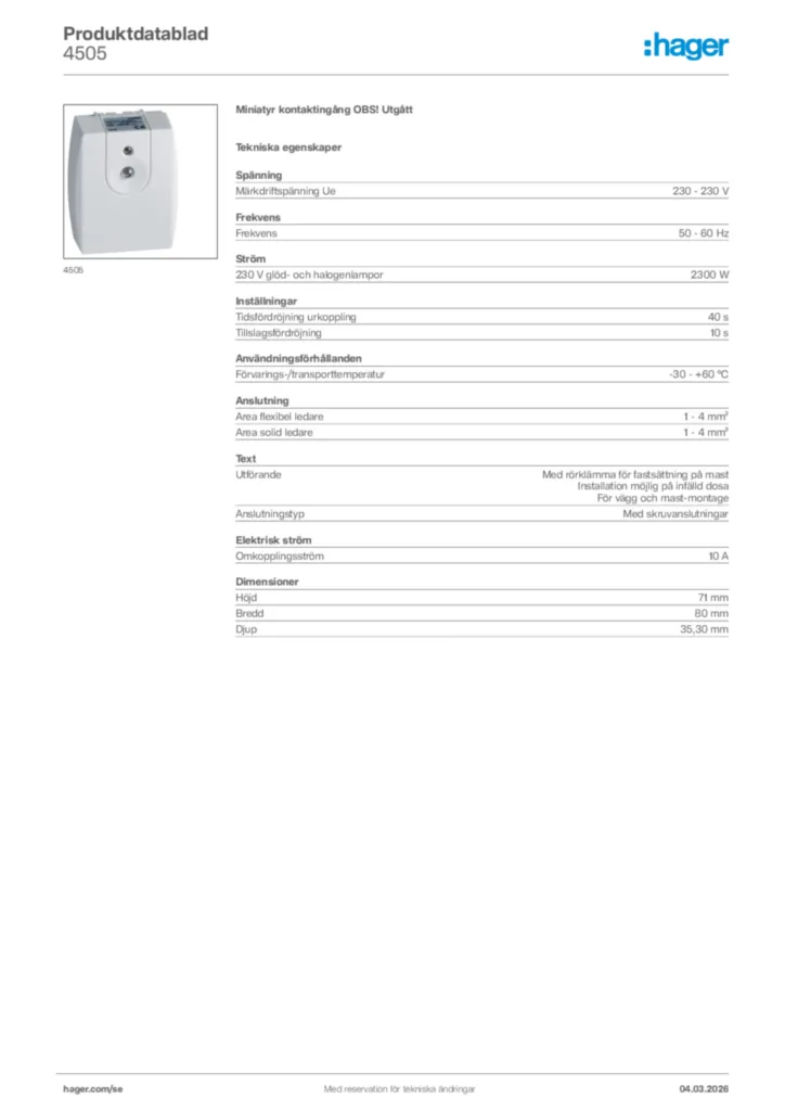 Bild Hager Produktdatablad 4505 | Hager Sverige