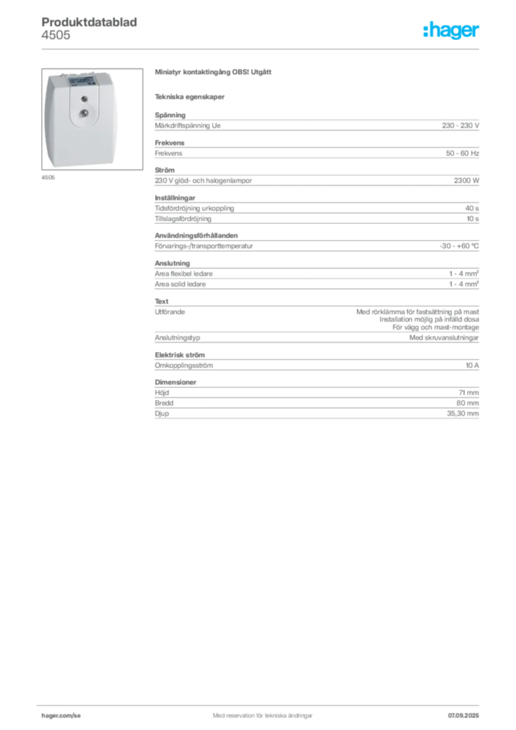 Bild Hager Produktdatablad 4505 | Hager Sverige
