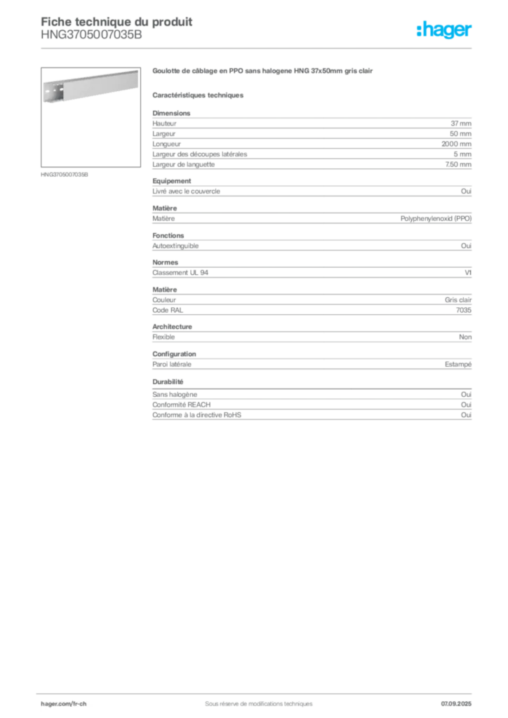 Image Hager Fiche technique du produit HNG3705007035B | Hager Suisse