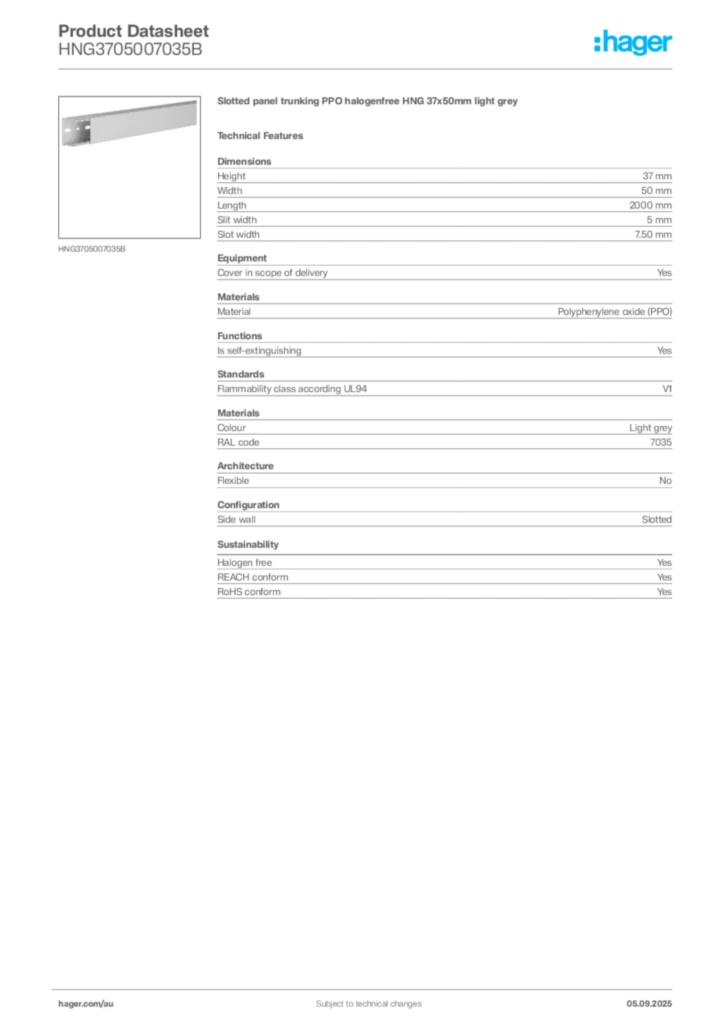Image Hager Product data sheet HNG3705007035B  | Hager Australia