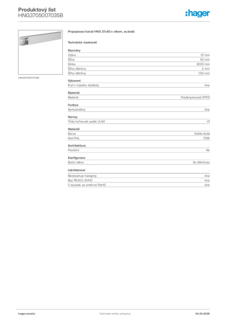 Obrázek Hager Product data sheet HNG3705007035B | Hager