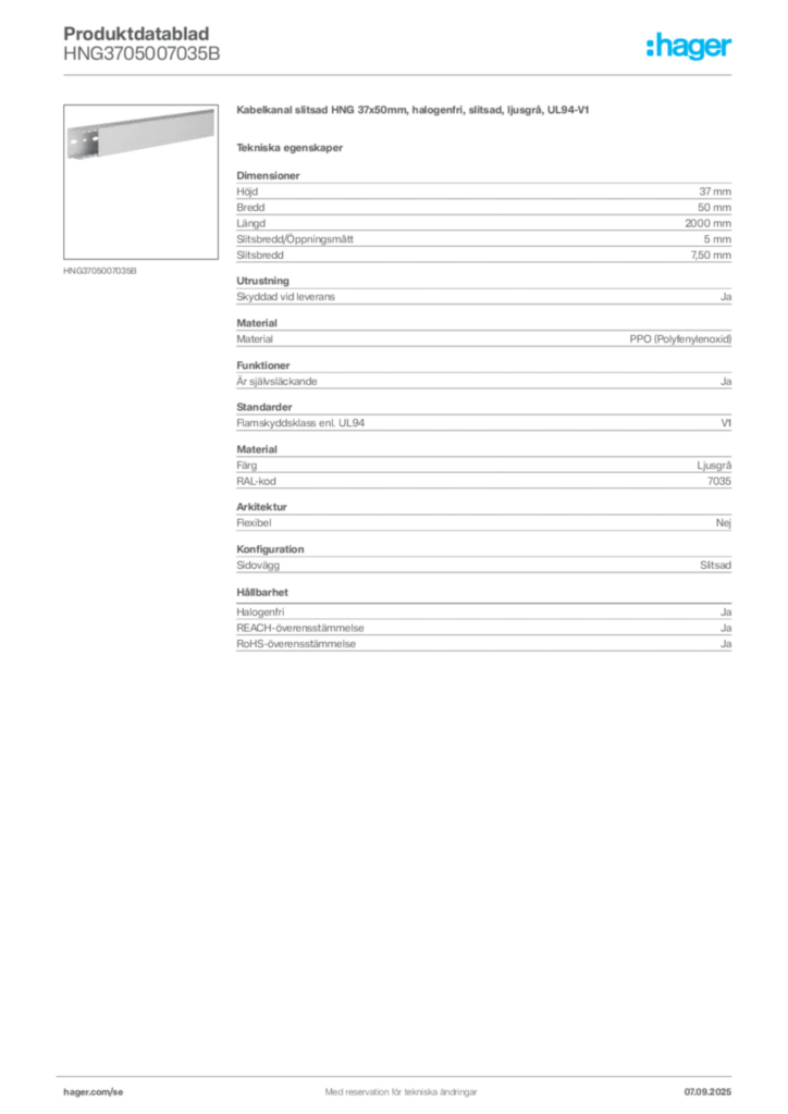 Bild Hager Produktdatablad HNG3705007035B | Hager Sverige