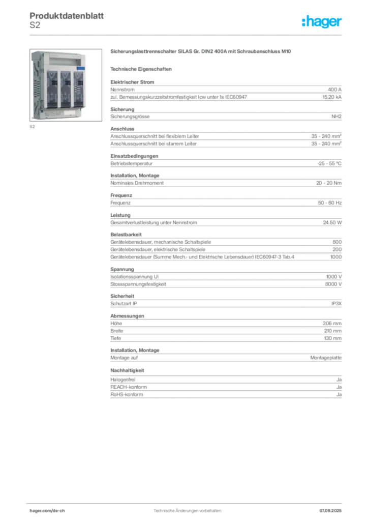 Bild Hager Produktdatenblatt S2 | Hager Schweiz