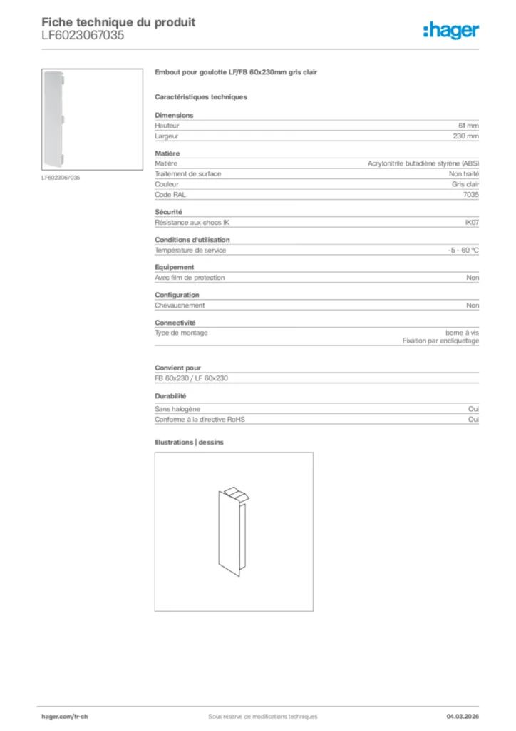 Image Hager Fiche technique du produit LF6023067035 | Hager Suisse