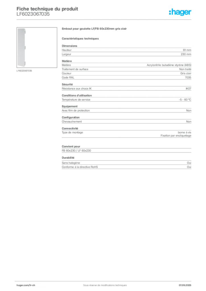 Image Hager Fiche technique du produit LF6023067035 | Hager Suisse