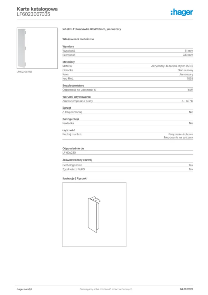 Zdjęcie Hager Karta katalogowa LF6023067035 | Hager Polska