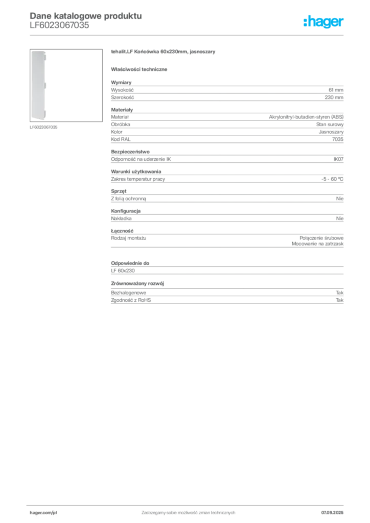 Zdjęcie Hager Dane katalogowe produktu LF6023067035 | Hager Polska