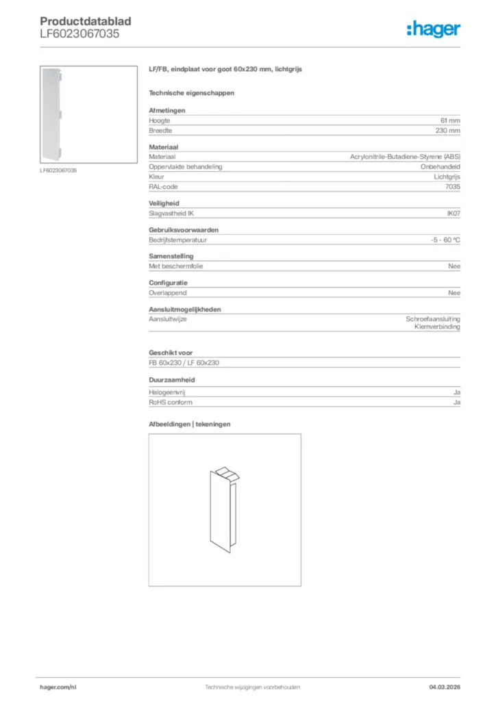 Afbeelding Hager Productdatablad LF6023067035 | Hager Nederland