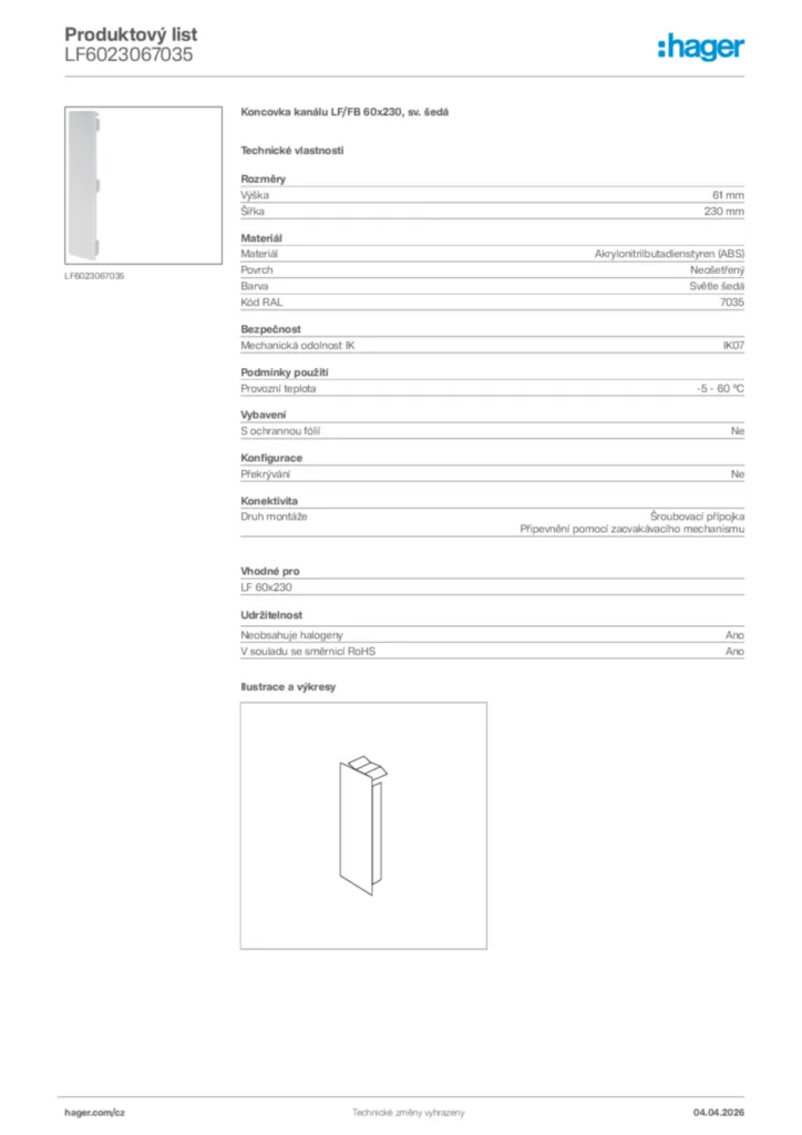 Obrázek Hager Product data sheet LF6023067035 | Hager
