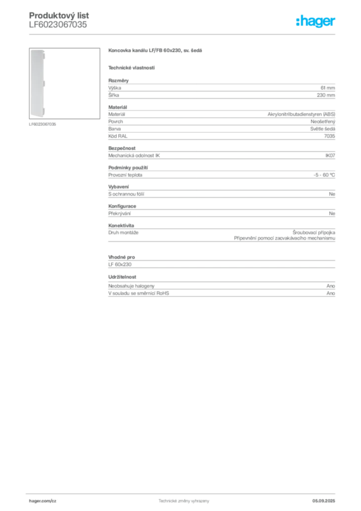 Obrázek Hager Produktový list LF6023067035 | Hager